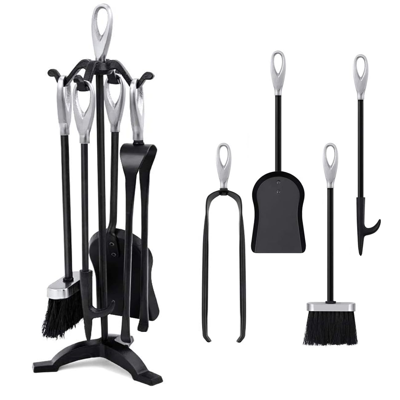 JUEGO DE UTENSILIOS DE CHIMENEA CON SOPORTE 5 PZAS PLATA