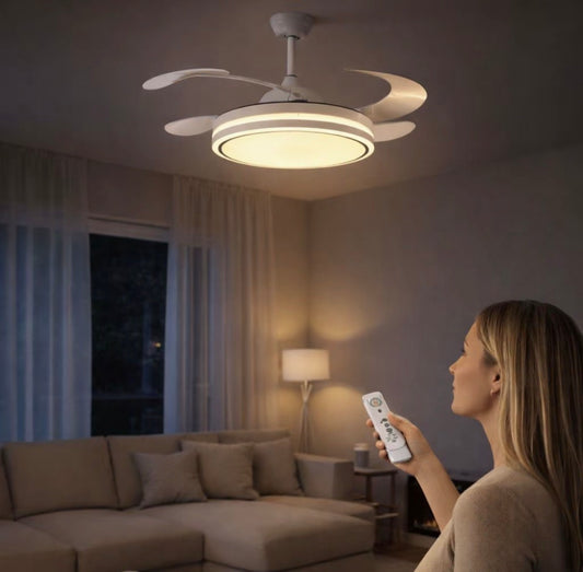 LED ceiling fan with dimmable light, 20W CCT, retractable blades, 43/83CM