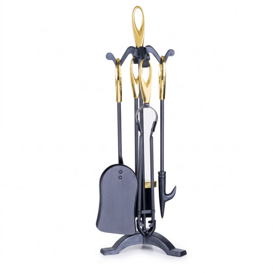 5-PIECE GOLD FIREPLACE TOOL SET WITH STAND