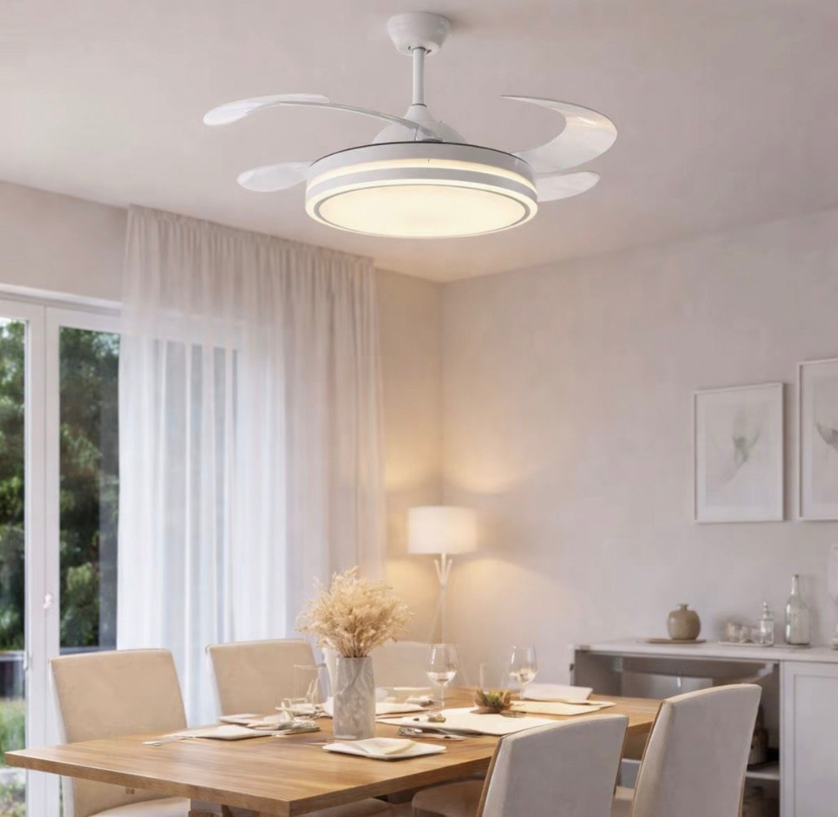 VENTILATORE DA SOFFITTO CON LUCE LED DIMMERABILE - A PALE RETRATTILI, SILENZIOSO, PLAFONIERA MODERNA PER INTERNI