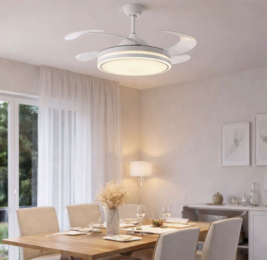VENTILATORE DA SOFFITTO CON LUCE LED DIMMERABILE - A PALE RETRATTILI, SILENZIOSO, PLAFONIERA MODERNA PER INTERNI