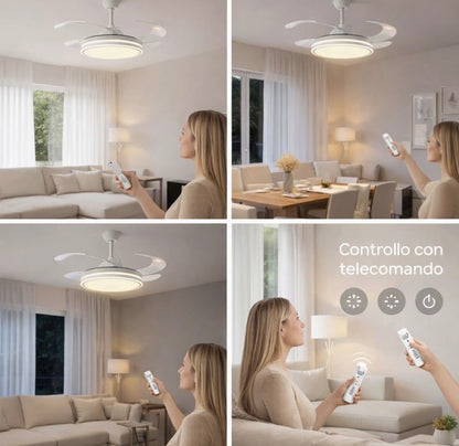 VENTILATORE DA SOFFITTO CON LUCE LED DIMMERABILE - A PALE RETRATTILI, SILENZIOSO, PLAFONIERA MODERNA PER INTERNI