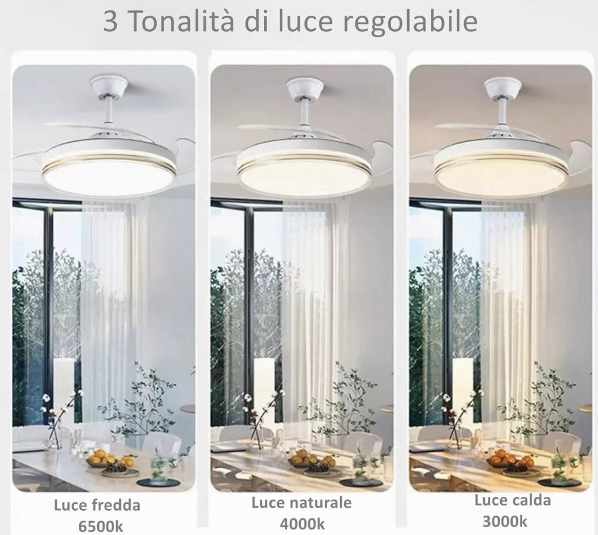 VENTILATORE DA SOFFITTO CON LUCE LED DIMMERABILE - A PALE RETRATTILI, SILENZIOSO, PLAFONIERA MODERNA PER INTERNI