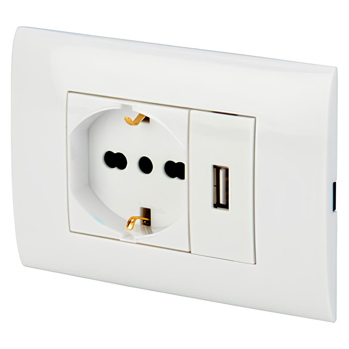 PLATINE AVEC SUPPORT USB+PRISE DE COURANT SCHUKO BLANCHE POLYPOOL PP6096X