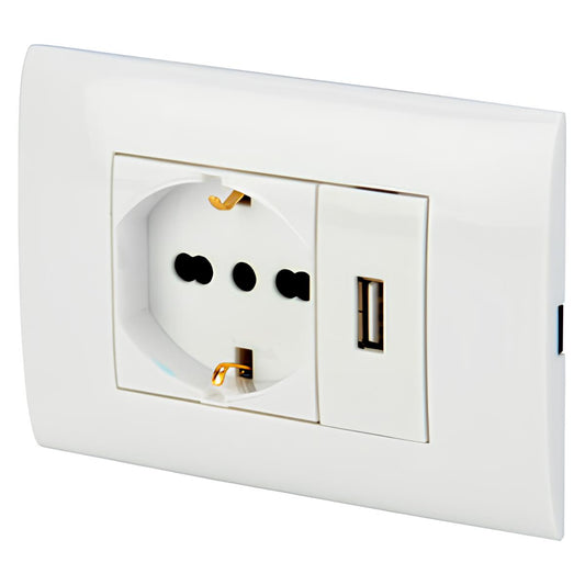 PLACA CON SOPORTE USB+TOMA BIPASO SCHUKO BLANCO POLYPOOL PP6096X